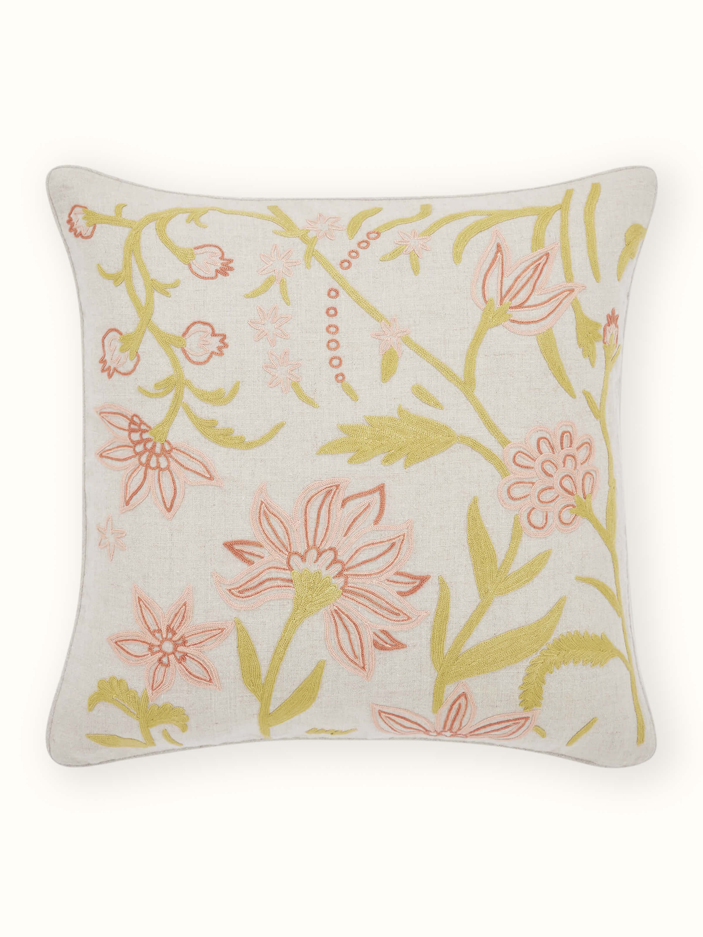 Mansur Peach Jaal Linen Kashmir Chain Stitch Hand Embroidery Cushion Cover