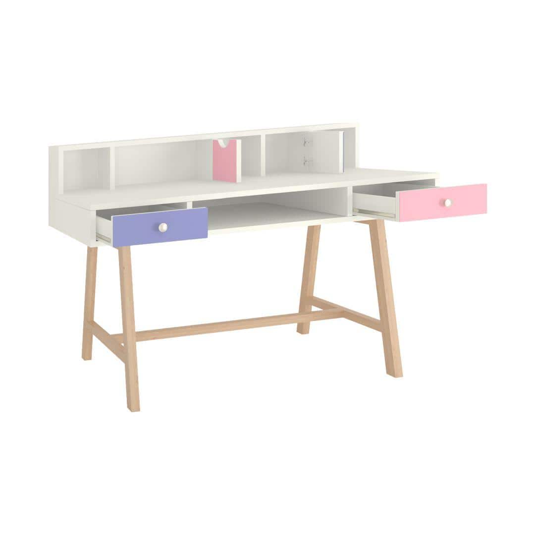 Samara Solid Wood Large 2 Level Study Desk with Drawers Shelves and Tapered Frame in English Pink Persian Lilac Colour