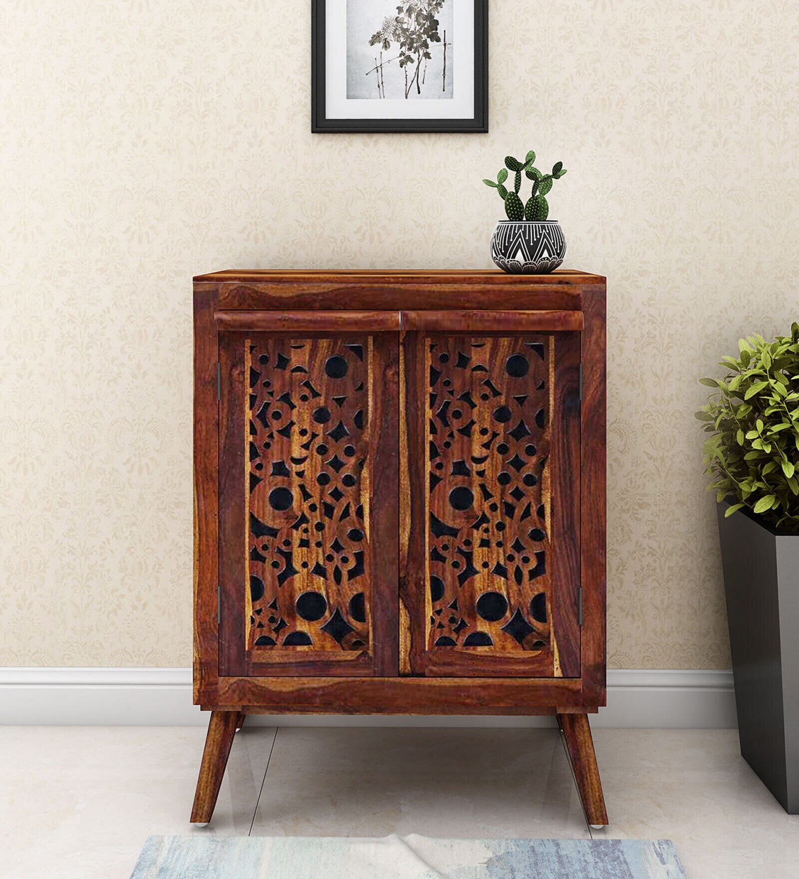 Lifty Sheesham Wood Shoe Cabinet In Provincial Teak Finish