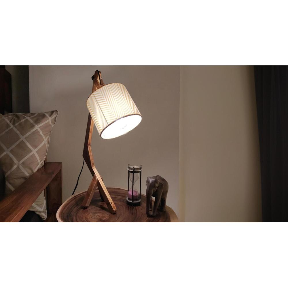 Emphasis Wooden Table Lamp with Brown Base and Yellow Fabric Lampshade