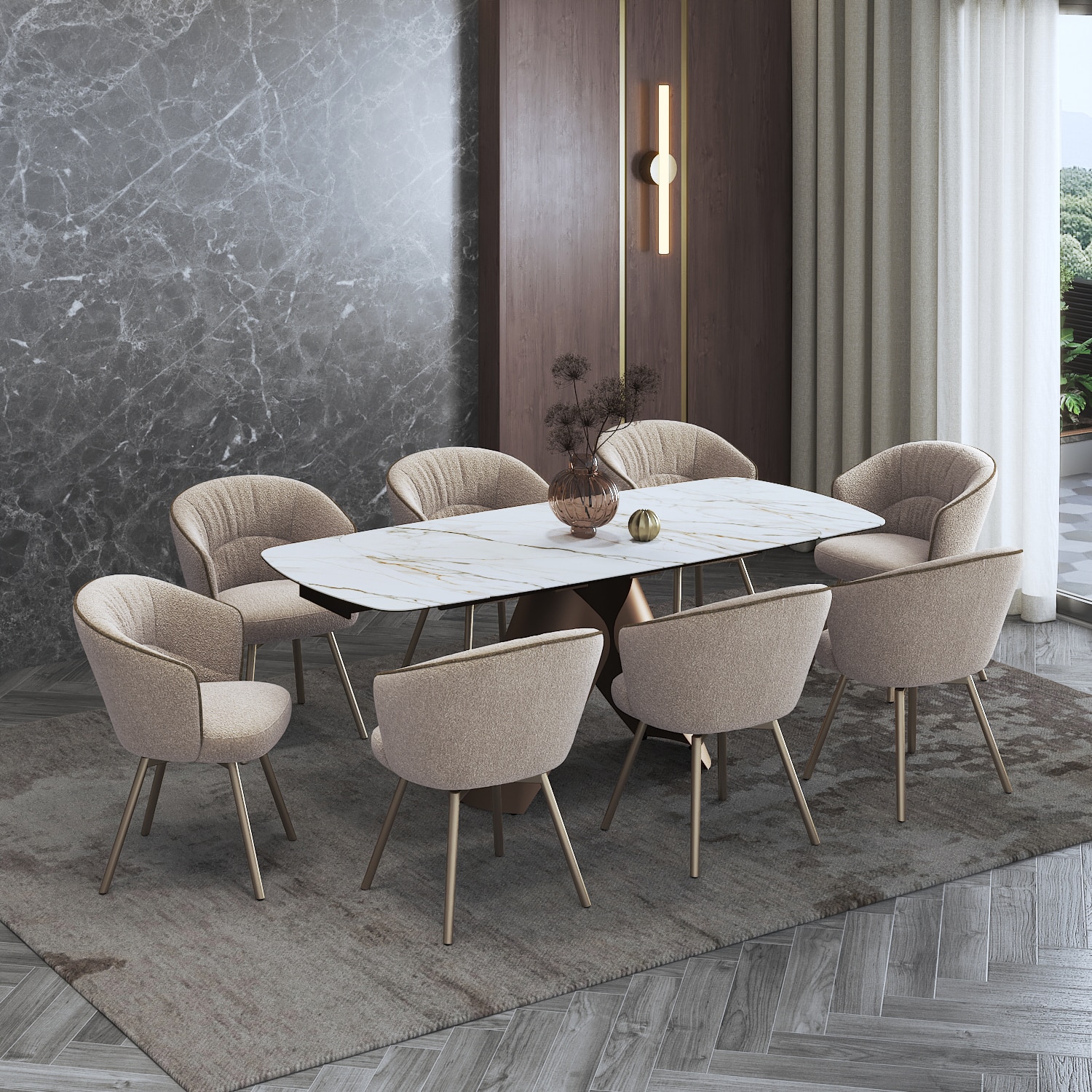 Aeris Ceramic 6 to 8 Seater Extendable Dining Table With Set of 3 Calix Dining Chair