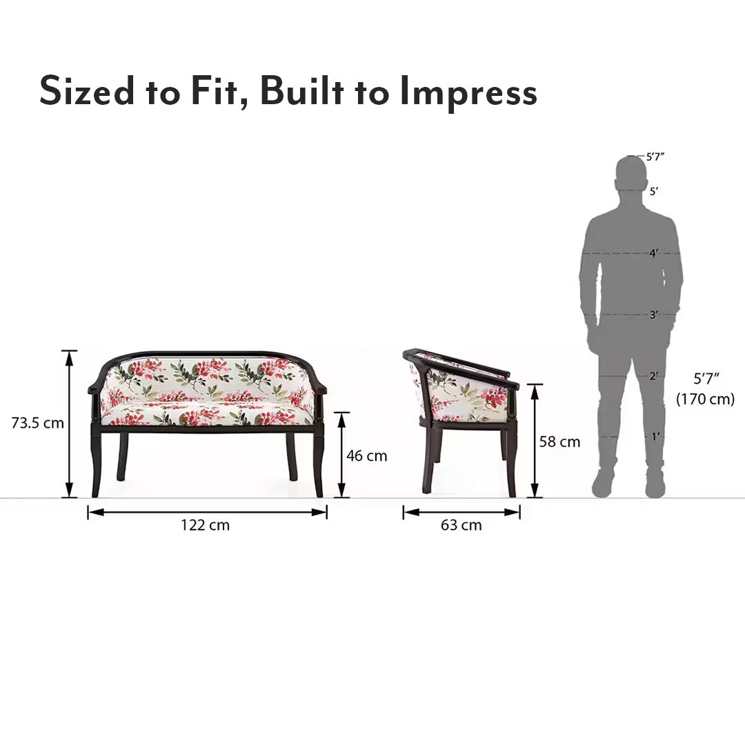 Florence Loveseat 2 Seater In Mahogany Finish With Caramine Cassia Red Floral Print Colour