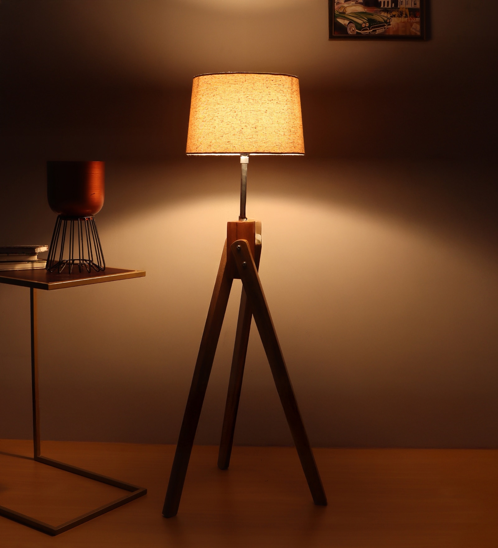 Crisscross Floor Lamp with Natural Wood Shade