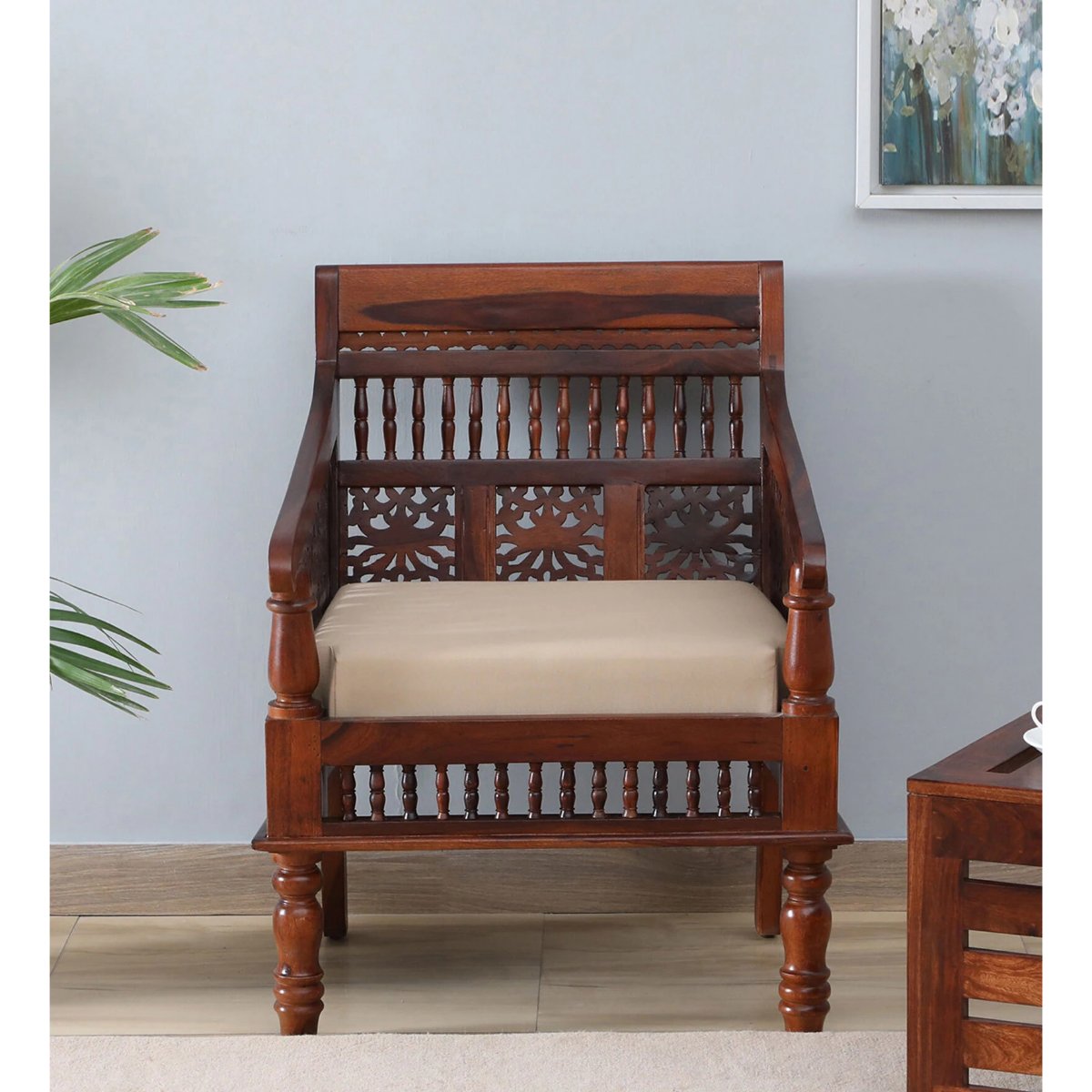 Nayantara 1 Seater Wooden Sofa - Vishwakarma Antique