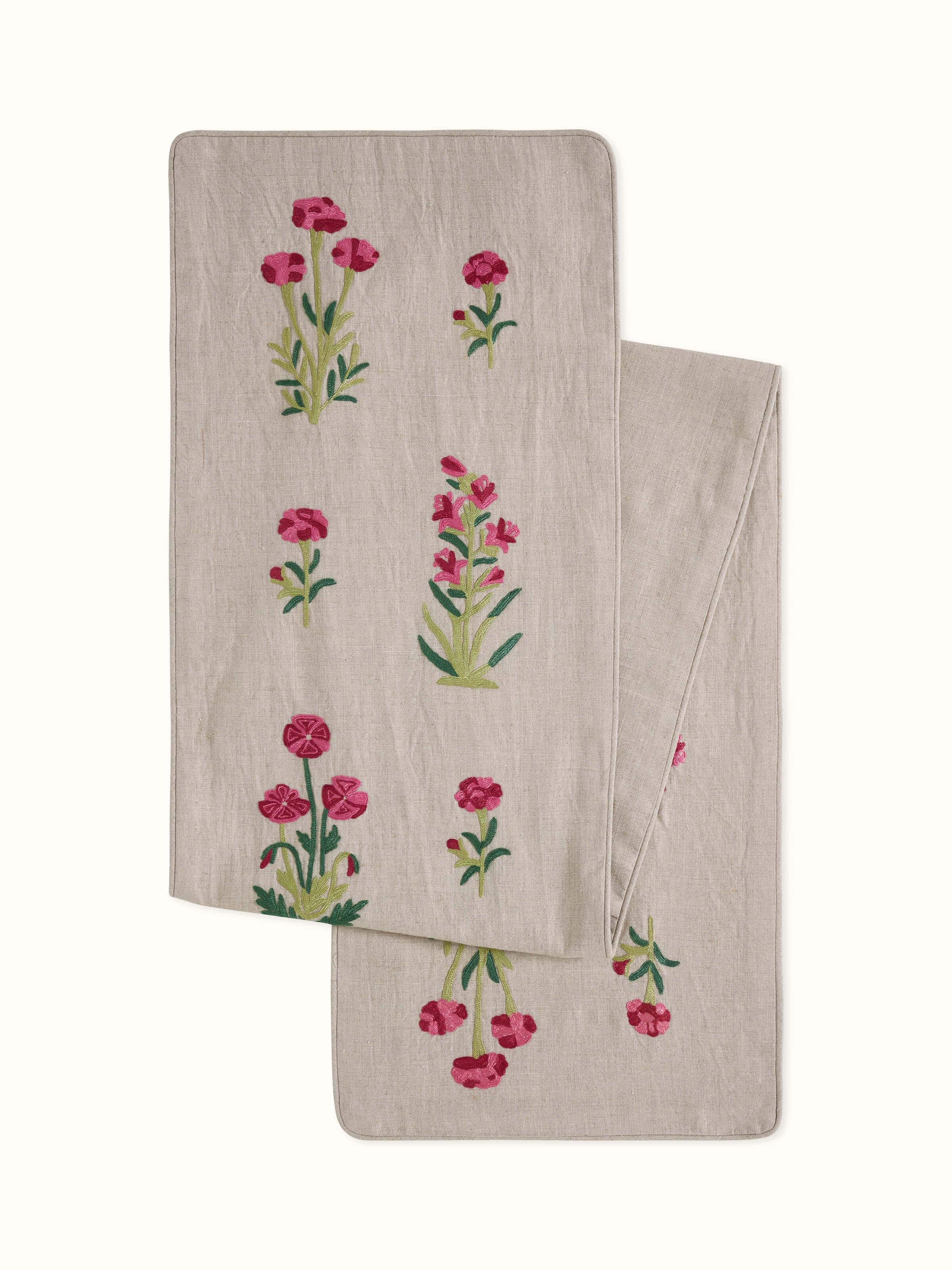 Mughal Miniature Magenta Buta Linen Kashmir Chain Stitch Hand Embroidery Table Runner