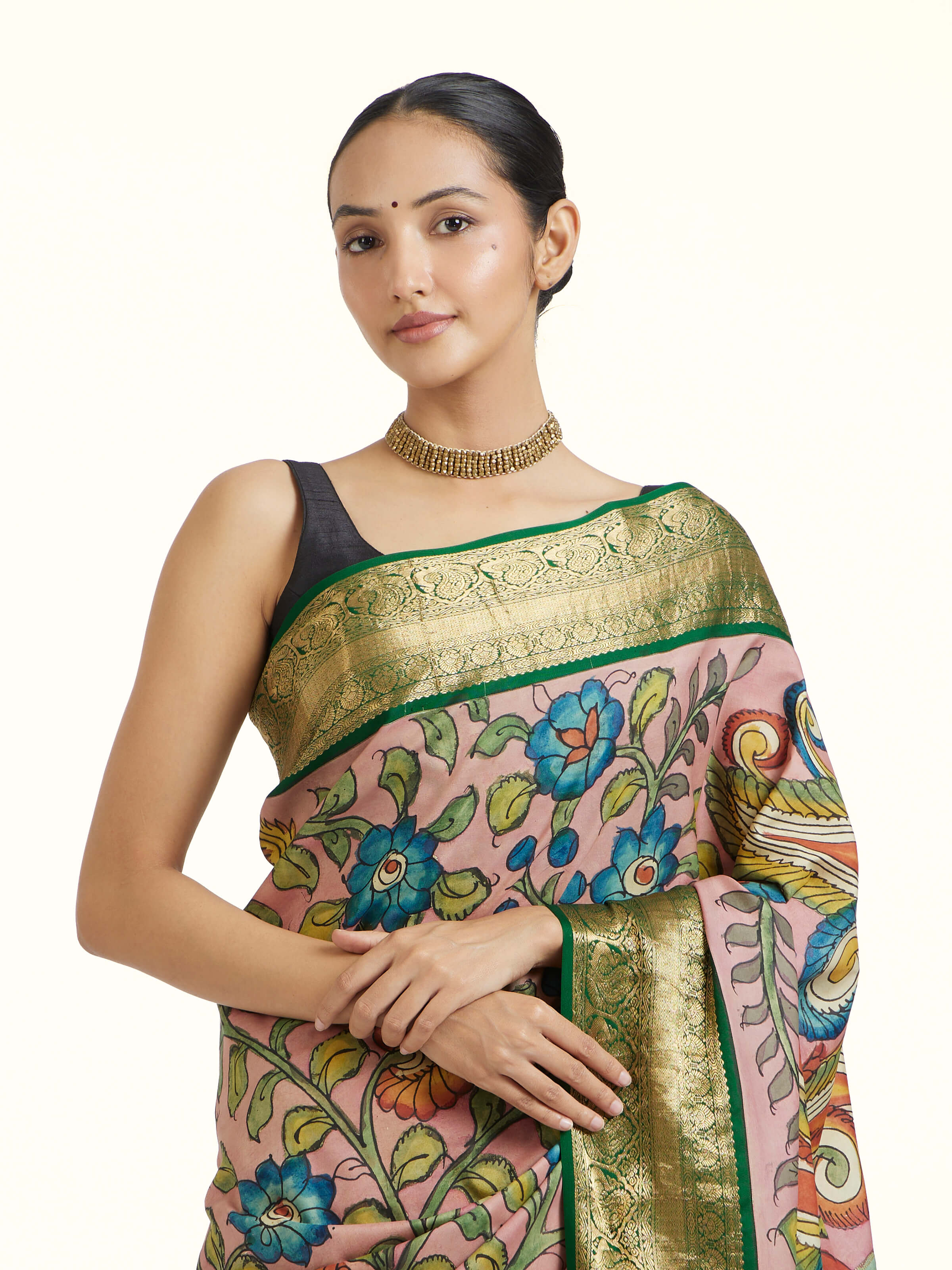 Silk Kalamkari Painted Kanchipuram Saree