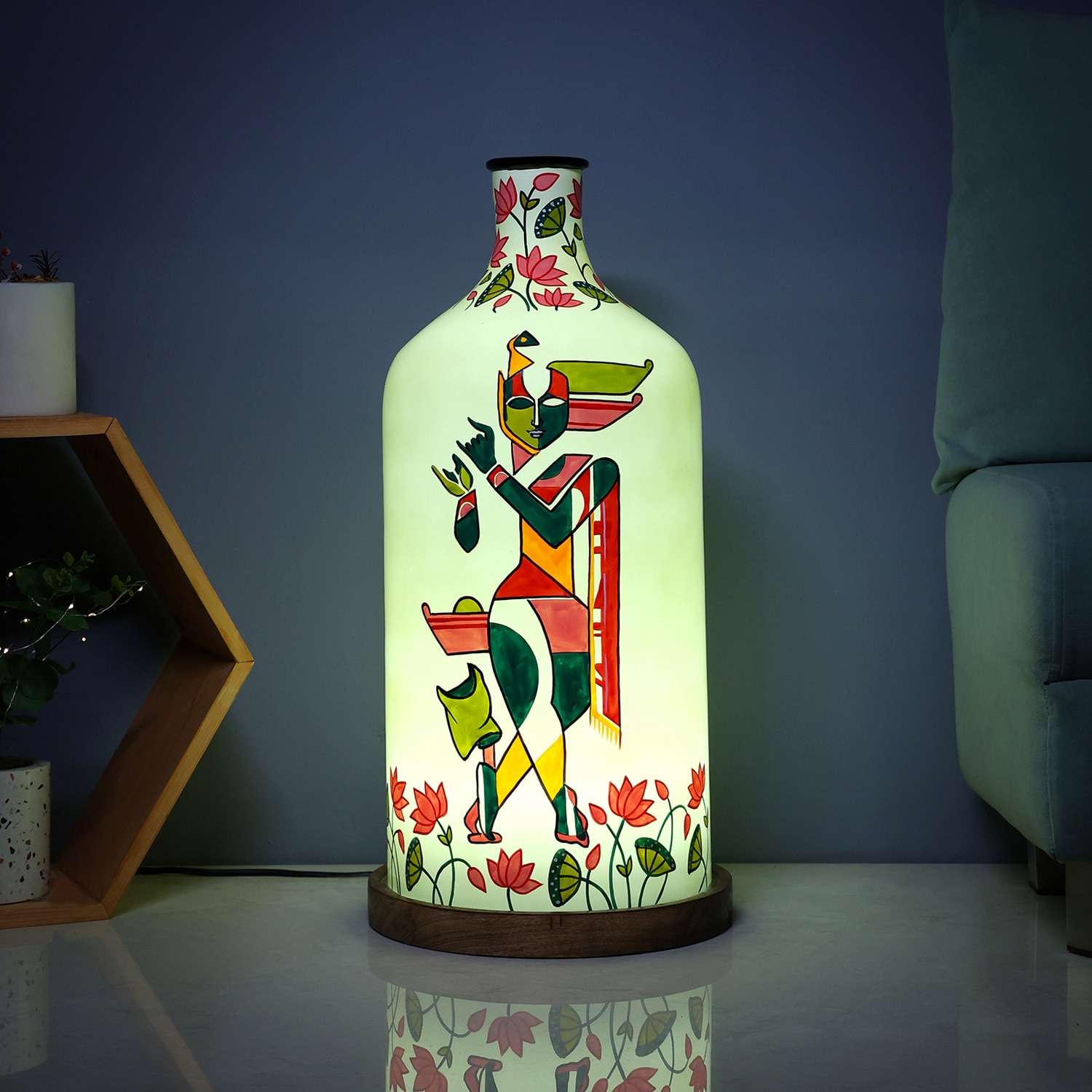 Auspicious Krishna Hand Painted White Glass Shade Table Lamp