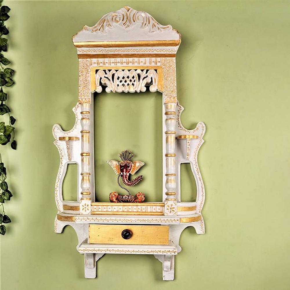 Handmade Wooden White Jharokha cum Pooja Shelf with Drawer