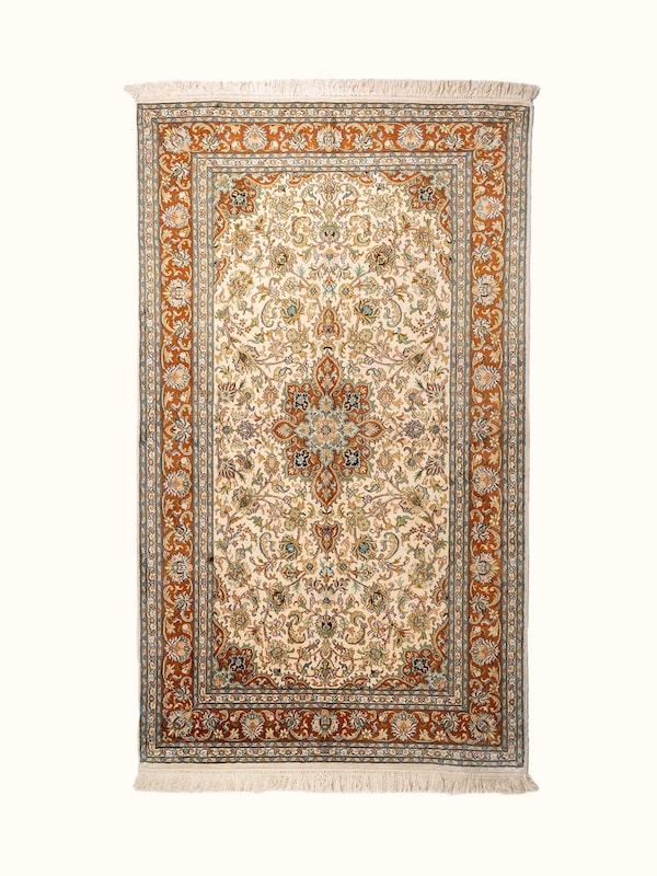 Traditional Persian Ivory Kashan Kashmir Silk Hand-Knotted Carpet