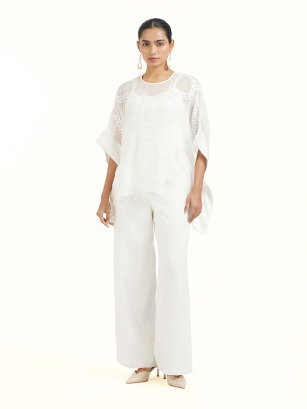 Ivory Hand Embroidered Organza Kaftan