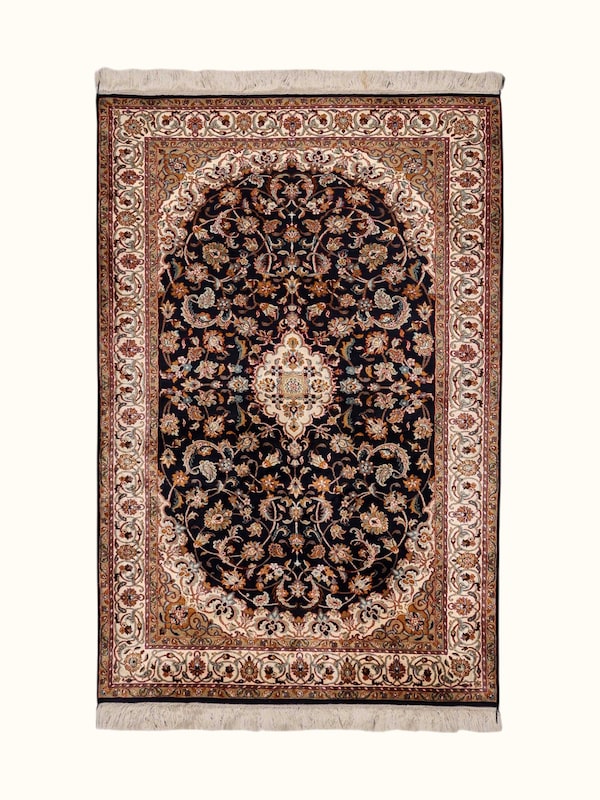 Traditional Persian Navy Kashan Kashmir Silk Hand-Knotted Carpet