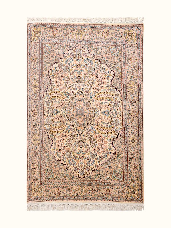 Traditional Persian Ivory Pink Kashan Kashmir Silk Hand-Knotted Carpet