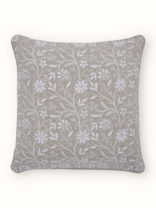 Rann Beige Allover Linen Chikankari Hand Embroidered Cushion Cover