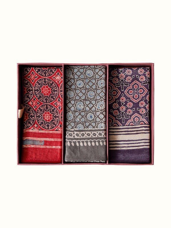 Assorted Silk Ajrakh Block Printed Pocket Squares Gift Set (3Pcs)