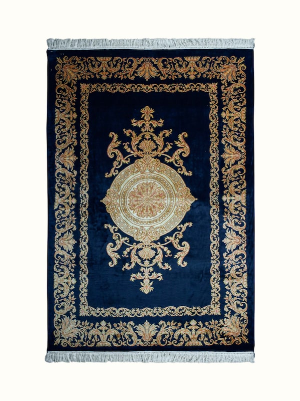 Traditional Persian Navy Opan Kashmir Silk Hand-Knotted Carpet