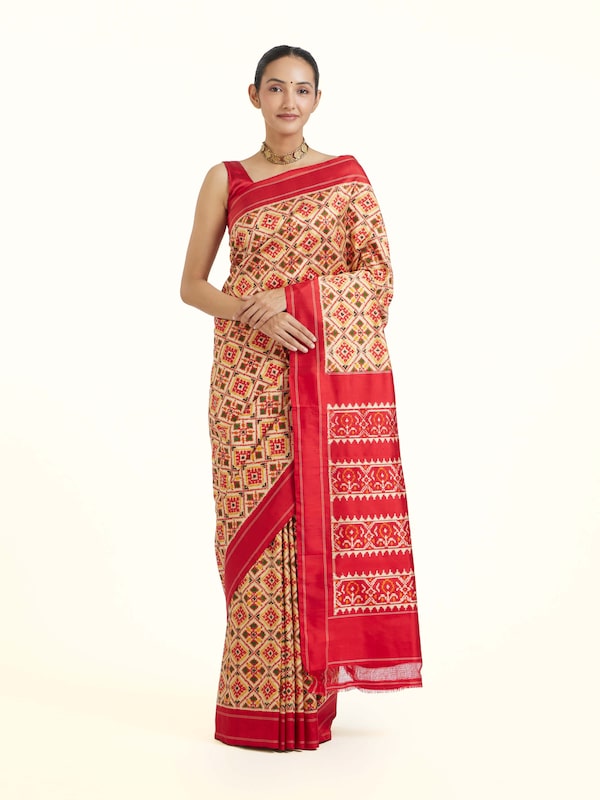 Cream Pochampally Double Ikat Silk Saree