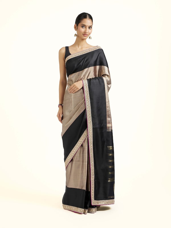 Black Silk Kancheepuram Aari Embroidered Saree