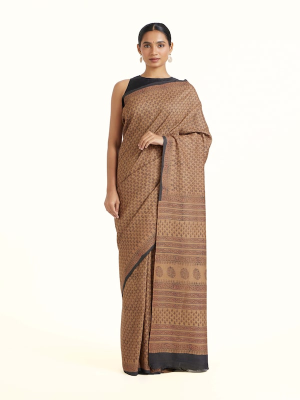 Beige Tussar Muga Silk Bagru Block Printed Saree