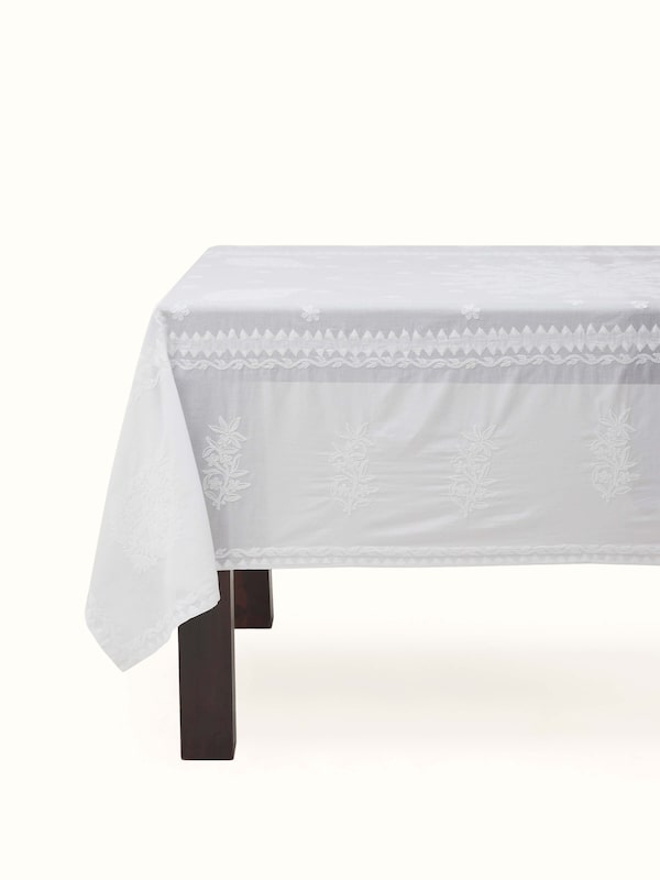 Ananda White Medallion Buta Cotton Chikankari Hand Embroidery Table Cover (4 Seater)