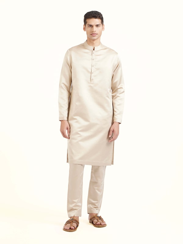 Beige Katan Silk Banarasi Long Kurta Churidar Set