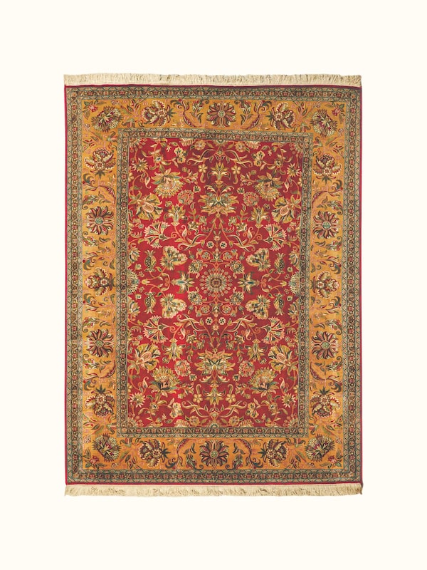 Traditional Persian Red Gold Kashan Kashmir Silk Hand-Knotted Carpet