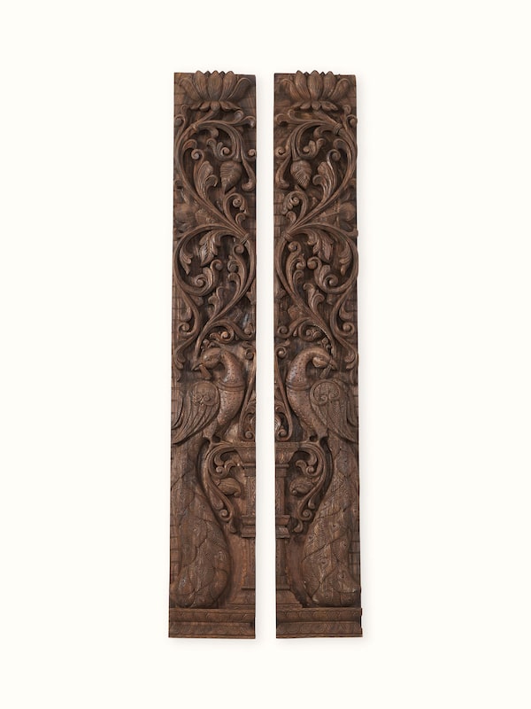 Wood Carved Peacock Panel (2 Pieces)