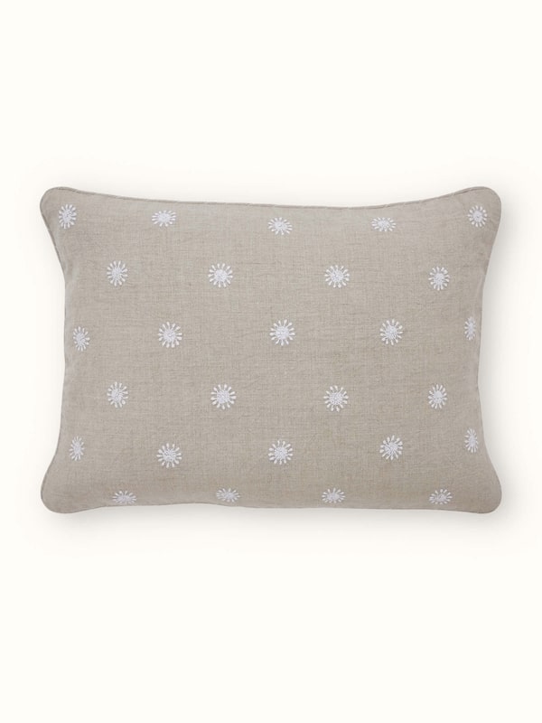 Rann Beige Buti Linen Chikankari Hand Embroidered Lumbar Cushion Cover