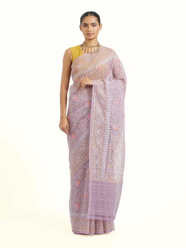 Purple Cotton Awadh Jamdani Banarasi Saree