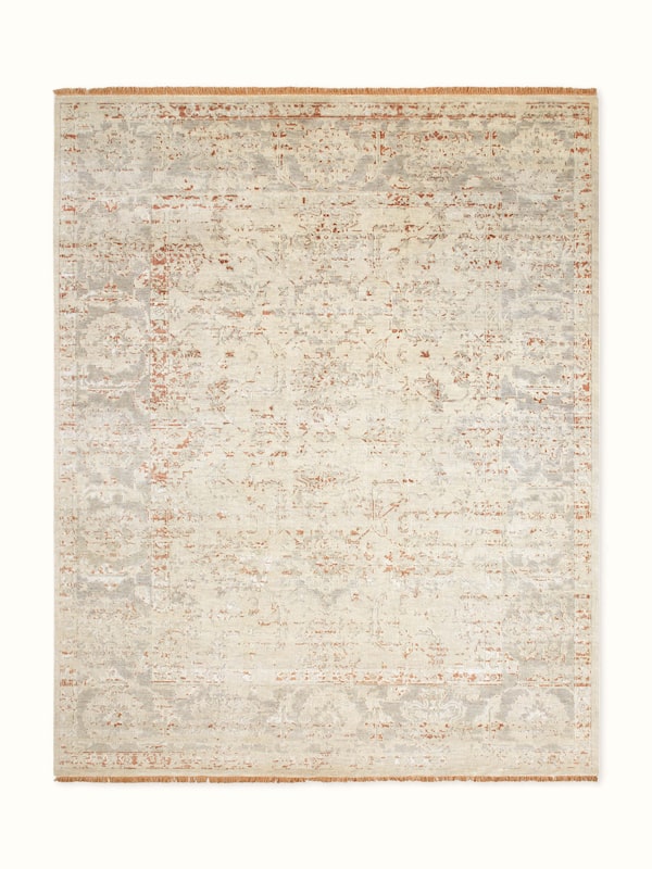 Distressed Transitional Beige Grey Bhadohi Wool & Silk Hand-knotted Rug