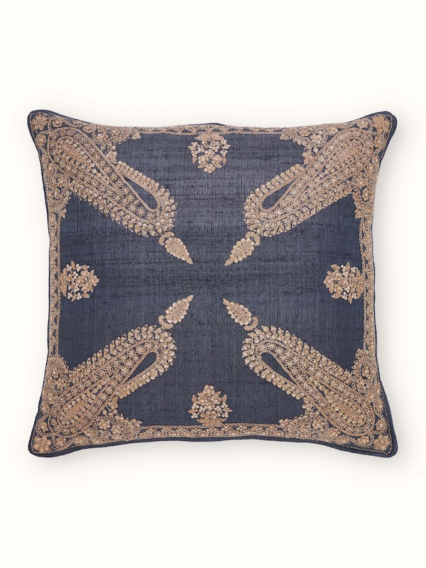 Alankar Dark Blue Paisley Silk Zardozi Hand Embroidered Cushion Cover