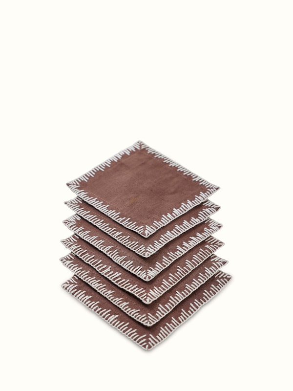 Parvat Brown Edge Stitch Linen Cotton Hand Embroidered Coaster (6 Pcs)