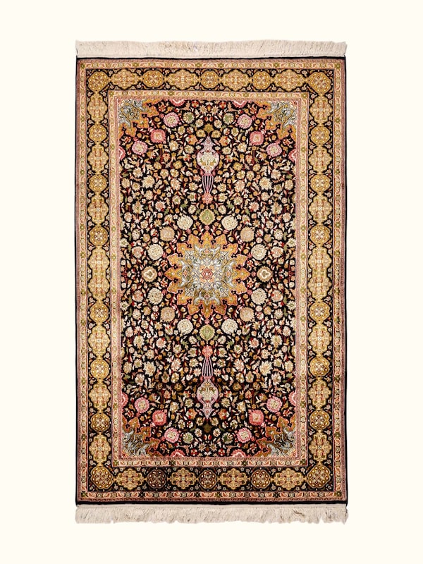 Traditional Persian Black Ochre Ardebil Kashmir Silk Hand-Knotted Carpet