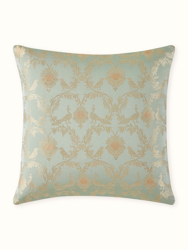 Awadh Pista Green Jaal Banarasi Handloom Silk Cushion Cover