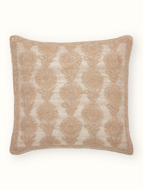 Pragya Beige Buta Tussar Silk Chikankari Hand Embroidered Cushion Cover