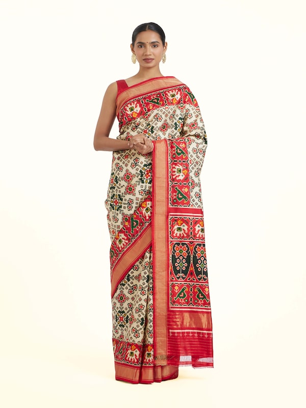 Cream Pochampally Double Ikat Silk Saree
