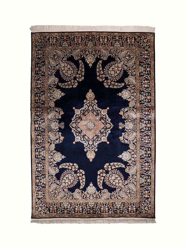 Traditional Persian Navy Mahal Kashmir Silk Hand-Knotted Carpet
