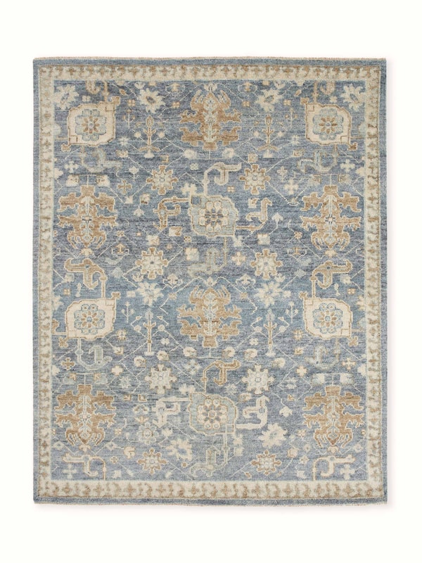 Traditional Oushak Blue Bhadohi Wool Hand-knotted Rug