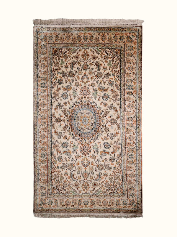 Traditional Persian Beige Kashan Kashmir Silk Hand-Knotted Carpet