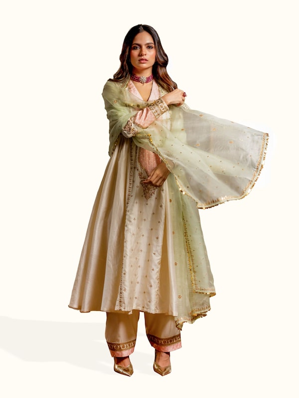 Mint Green Silk Embroidered Organza Dupatta