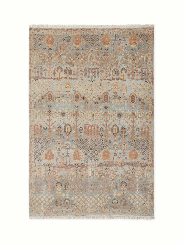 Distressed Transitional Silver Agra Wool & Viscose Hand-Knotted Carpet