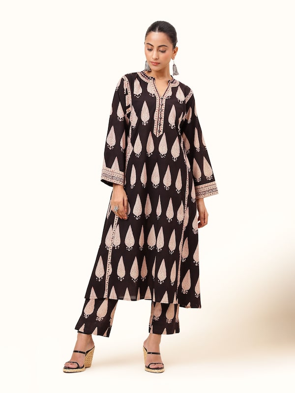 Black Cotton Bagru Block Printed Straight Pants