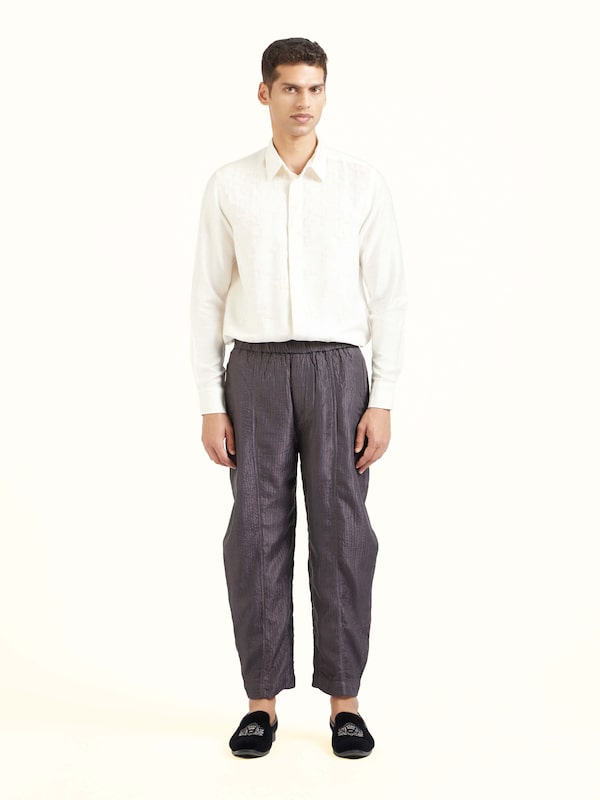 Grey Straight Quilted Tulip Pure Silk Pants