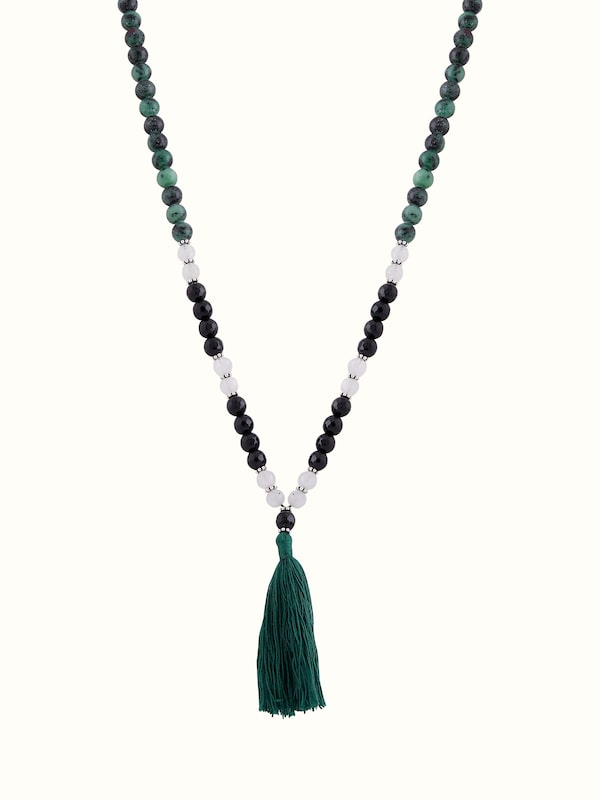 Green Rubicozite, Black Onyx & White Moonstone Silver Mala