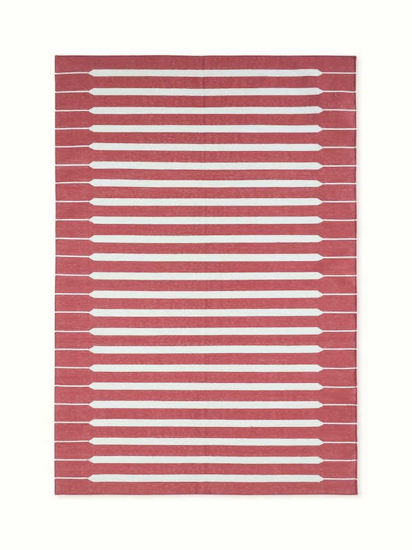 Modern Geo Stripe Red Ivory Lawan Cotton Panja Dhurrie