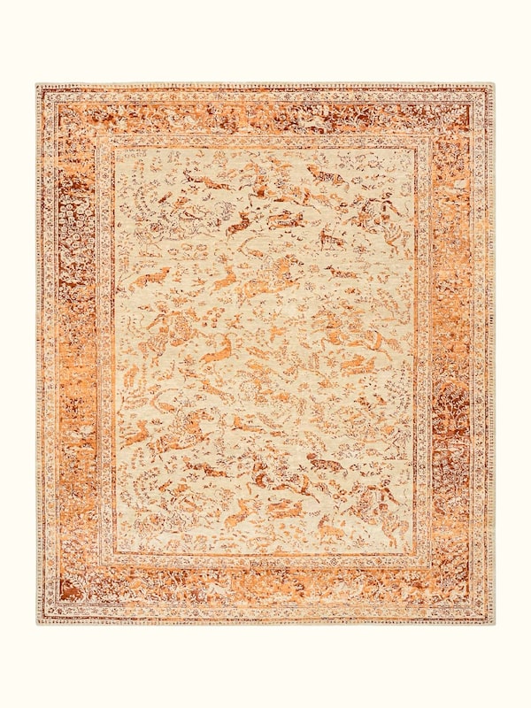 Transitional Persian Ivory Rust Shikargah Bhadohi Wool & Bamboo Silk Hand Knotted Rug