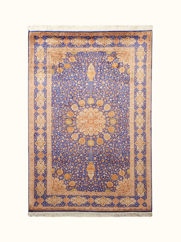 Traditional Persian Royal Blue Rust Ardabil Kashmir Silk Hand-Knotted Carpet