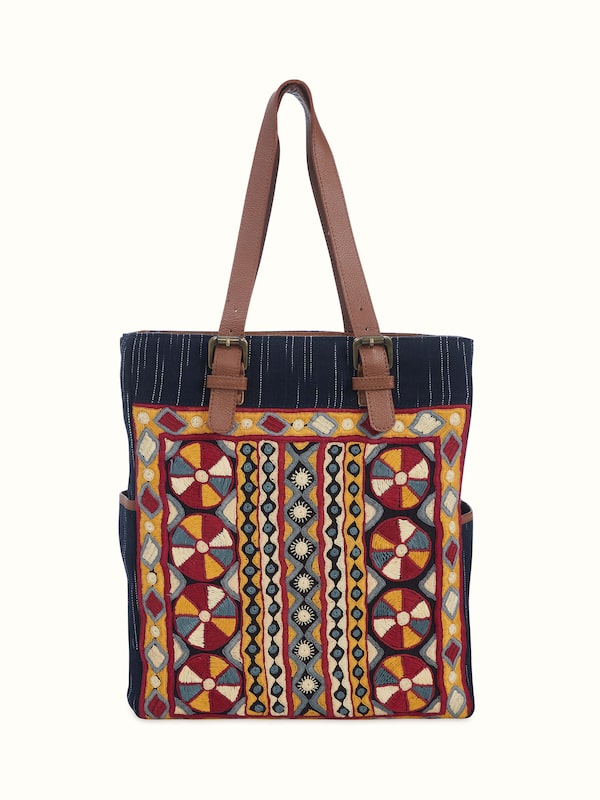 Grey Leather & Textile Embroidered Tote Bag