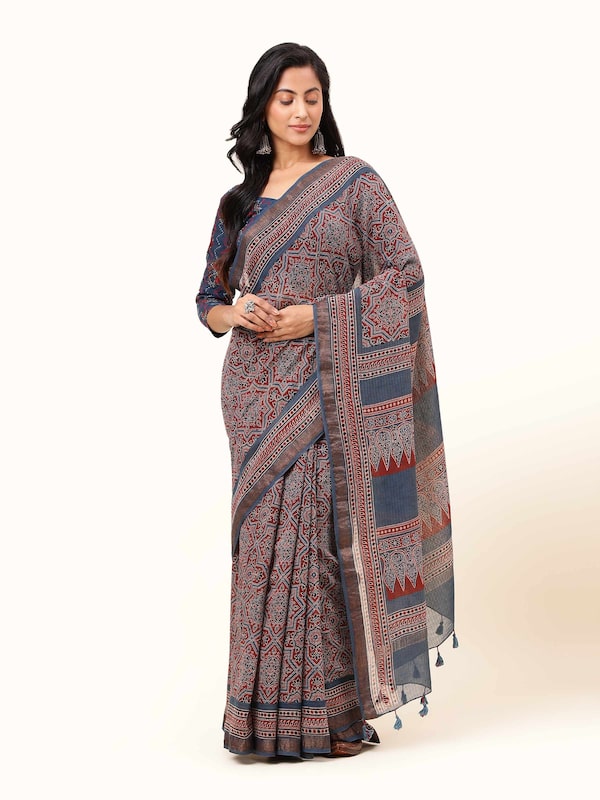 Blue Maheshwari Ajrakh Block Printed Saree