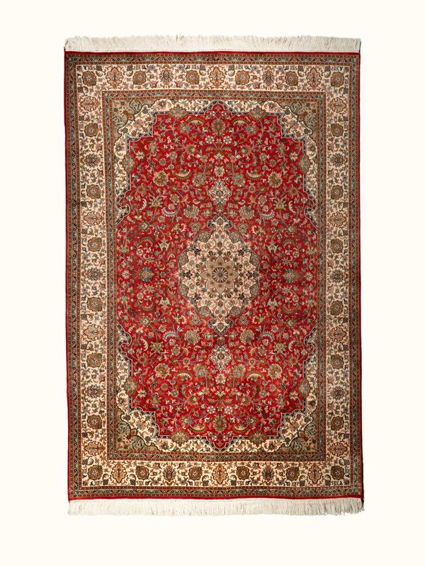 Traditional Kashan Red Kashmir Silk Hand-Knotted Carpet
