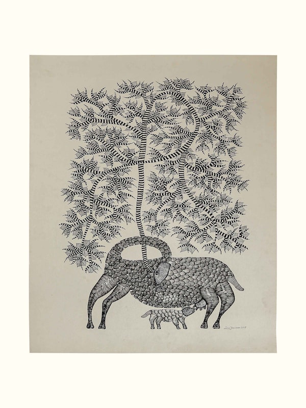 Calf Under Mother Tree Gond Art